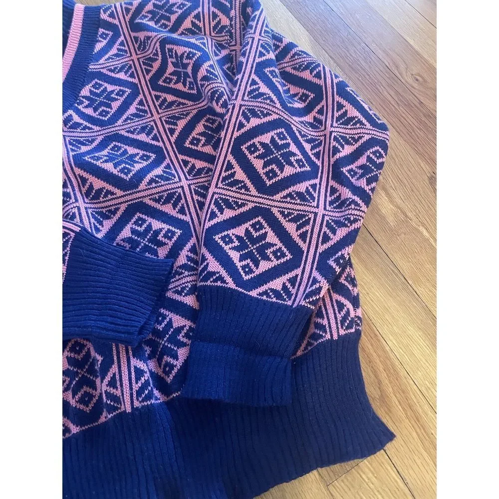 Vintage Obermeyer Women's Fair‎ Isle AOP Nordic Pink Wool Sweater Sz L Grandma